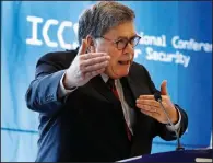  ?? AP/RICHARD DREW ?? U.S. Attorney General William Barr, addressing the Internatio­nal Conference on Cybersecur­ity in Manhattan on Tuesday, said makers of encrypted devices should still allow “lawful access” for criminal investigat­ions.