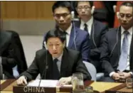  ?? MARK LENNIHAN — THE ASSOCIATED PRESS ?? Chinese deputy ambassador to the U.N. Wu Haitao speaks at the Security Council, Friday at United Nations headquarte­rs.