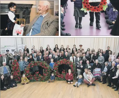  ?? PICTURES: GUZELIAN ?? THROUGH THE AGES: Clockwise from top, Leeds City Museum curator Lucy Moore with a 100-year-old flag that Madge Howdill flew to celebrate Armistice Day; children at Wibsey Primary School in Bradford carry a poppy wreath; 100 people, aged one to 100, gathered at the De Grey Rooms in York; one-year-old Baillie Douglas hands over a drawing to 100-year-old Wilf Denham; boots worn by war hero William Macdonald.