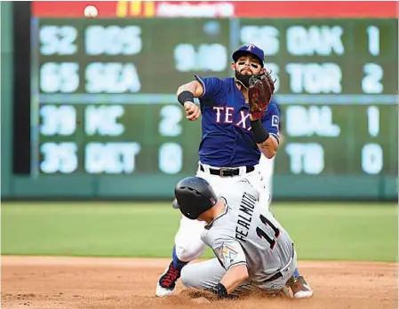  ?? AP Photo/Jeffrey McWhorter ?? n Texas Rangers second baseman Rougned Odor, top, turns a double play over Miami Marlins' J.T. Realmuto (11) in the first inning Monday in Arlington, Texas.