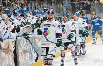  ??  ?? Gut gemacht: Ben Hanowski (Nummer 14), Mark Cundari (4), Steffen Tölzer (13) und die Augsburger Panther feierten gestern Abend einen 4:3 Erfolg beim ERC Ingolstadt.