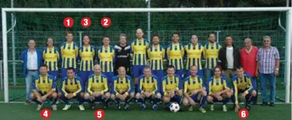  ?? FOTO HBVL ?? SK Muggenberg. U herkent Jonas De Roeck (1) en Erik Van Looy (2) met tussen hen in Rudi Smidts (3). Verder Tomasz Radzinski (4), Darko Pivaljevic (5) en Rudi Taeymans (6).