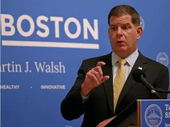  ?? MATT sTONE / HERALD sTAff ?? ‘THRESHOLD FOR CONCERN’: Boston Mayor Martin Walsh speaks at a Monday press conference.