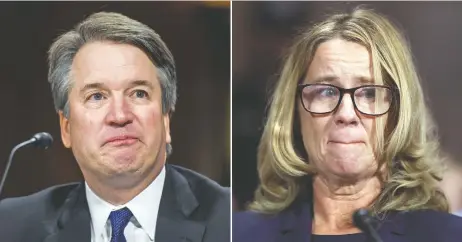  ??  ?? El nominado al Tribunal Supremo, Brett Kavanaugh, y su acusadora, Christine Blasey Ford, ayer, en sus respectivo­s testimonio­s ante un comité del Senado.