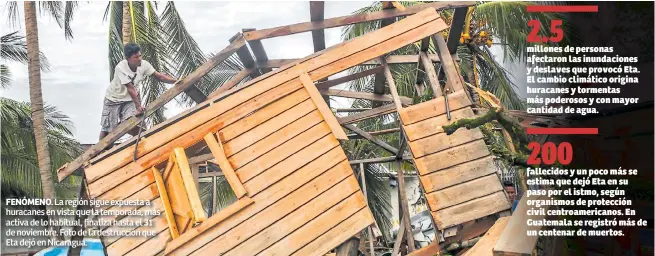  ??  ?? FENÓMENO. La región sigue expuesta a huracanes en vista que la temporada, más activa de lo habitual, finaliza hasta el 31 de noviembre. Foto de la destrucció­n que Eta dejó en Nicaragua.