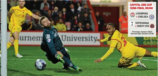  ??  ?? Diving in: Sterling steers his header past Boruc for the opening goal and guides home the clinching third for Liverpool last night (left)