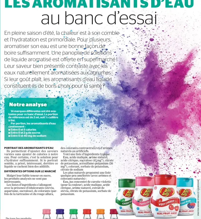  ??  ?? L’aromatisan­t Jelly Belly se classe aussi plutôt bien. Il est à base de concentré de fruits, d’eau, d’acide citrique et des saveurs naturelles. Dommage qu’il contienne un édulcorant, le sucralose et un additif, le sorbate de potassium.