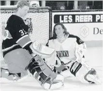  ?? TOM HANSON/THE CANADIAN PRESS FILES ?? Manon Rhéaume, the only woman ever to play in the National Hockey League, practises with Montreal Canadiens goalie Patrick Roy in 1992.