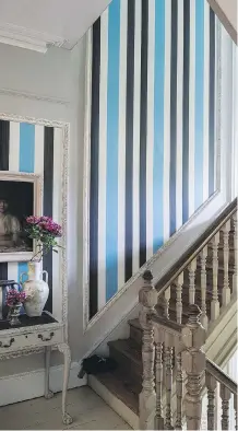  ?? PHOTOS: FARROW & BALL ?? A double-wide stripe results from alternatin­g the hanging direction of this striped Farrow & Ball wallpaper.