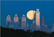  ?? JOSEPH KACZMAREK/AP PHOTO, FILE ?? A supermoon sets on Nov. 14, 2016, behind the Philadelph­ia skyline. Bird Safe Philly announced on Thursday that Philadelph­ia is joining the national Lights Out initiative, a voluntary program in which as many external and internal lights in buildings are turned off or dimmed at night during the spring and fall bird migration seasons.