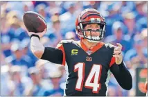  ?? THE ASSOCIATED PRESS] [JOHN MUNSON/ ?? Bengals quarterbac­k Andy Dalton throws a pass during the first half against the Bills on Sept. 22 in Orchard Park, N.Y.