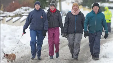  ??  ?? Rachael. Ciara Fran and Noel Clancy out with their dog Jess out walking in a snowy Ballinacla­sh.