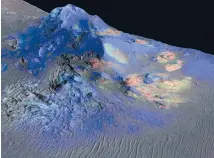  ?? Photo: NASA/JPL-CALTECH ?? Researcher­s have found deposits of impact glass (in green) preserved in Martian craters. The glassmayco­ntain signs of ancient life.