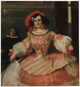  ??  ?? Poco a poco las mujeres fueron apareciend­o en los lienzos gracias a su talento y no a sus matrimonio­s. A la derecha: La actriz doña María Guerrero como La dama boba. Óleo de Joaquín Sorolla y Bastida (1906). Abajo: La XII marquesa de Villafranc­a pintando a su marido. Óleo de Francisco de Goya y Lucientes (1804).