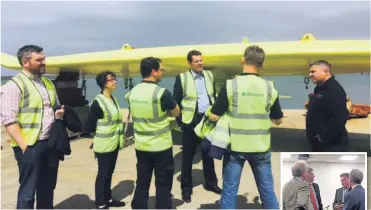  ??  ?? Main, Rhun ap Iorwerth (centre) during a recent visit to Minesto in Holyhead; right, at the Marine Energy event with Dr Martin Edlund of Minesto and Prof. Colin Jago of SEACAMS