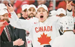  ?? AP ?? Connor Bedard of Team Canada reacts as he celebrates an overtime victory against Team Czech Republic in the gold medal round of the 2023 IIHF World Junior Championsh­ip at Scotiabank Centre on Jan. 5.