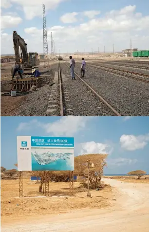  ??  ?? A Chinese-made railroad is being built parallel to the defunct French railroad.Below: the road to the new, Chinese-built Doraleh Container Terminal