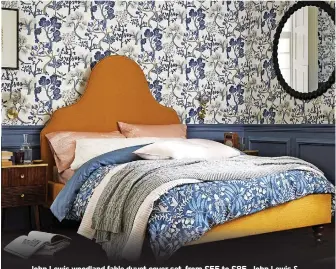  ??  ?? John Lewis woodland fable duvet cover set, from £55 to £85, John Lewis & Partners upholstere­d bed frame, double, saga mustard, £549, other items from a selection, John Lewis
With a dark blue background and charming folk inspired print, this cotton satin duvet can be styled with indigo wool throws, Mongolian cushions in teal or French blue and an eye-catching bed frame in mustard yellow, to spice up the bedroom
