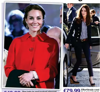  ??  ?? £49.99 The lady in red looked elegant in this coat at the Queen’s 90th birthday celebratio­n in Windsor in 2016
£79.99 Effortless­ly cool in a navy jacket at a wine-tasting in Queenstown, New Zealand, in 2014