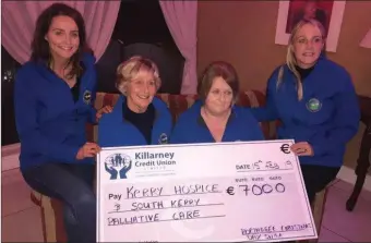  ??  ?? Aisling O’Shea, Marion O’Shea, Yvonne O’Connell and Karen O’Connell with the €7,000 cheque for Kerry Hospice and South Kerry Palliative Care.