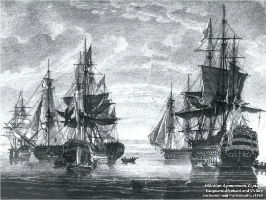  ??  ?? HM ships Agamemnon, Captain, Vanguard, Elephant and Victory anchored near Portsmouth, c1780