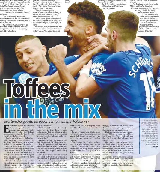  ??  ?? Everton’s Dominic Calvert-Lewin (centre) celebrates with
teammates Richarliso­n (left) and Morgan Schneiderl­in
after scoring their third goal during the
English Premier League match against Crystal Palace at Goodison Park. –
AFPPIX