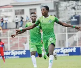  ??  ?? Nasarawa United FC goal poacher Abdulrahma­n Bashir celebrate one of his goals last season. Bashir is expected to produce te goals against Rangers today