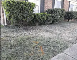  ?? DEBORAH CANNON / AMERICAN STATESMAN ?? Paint on the grass Sunday marks where bodies were found the previous night following a shooting at the Arbors of Bastrop Apartments in Bastrop. One of the dead women was found resting on top of a child, as if trying to protect him from the gunfire. A...