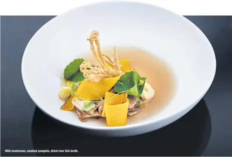  ??  ?? Wild mushroom, smoked pumpkin, dried river fish broth.