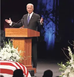  ?? ROB SCHUMACHER/THE REPUBLIC ?? Joe Biden pays tribune to his friend U.S. Senator John McCain during a memorial service on Aug. 30, 2018, in Phoenix.