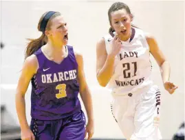  ?? [PHOTO BY BRYAN TERRY, THE OKLAHOMAN] ?? Okarche’s Kinsey Neiderer, left, scored 23 points in each of the Warriors’ two games last week.