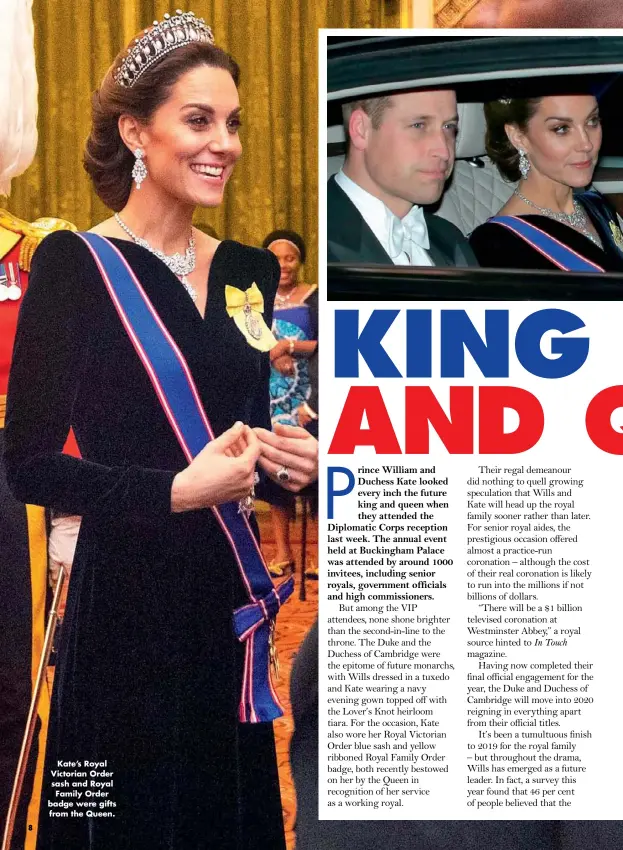  ??  ?? Kate’s Royal Victorian Order sash and Royal Family Order badge were gifts from the Queen.