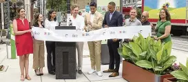  ?? PAUL WEEDEN / WCPO ?? Mayor Aftab Purevail, 3CDC and IKE Smart City unveil the addition of IKE kiosks to downtown Cincinnati on Friday at Findlay Market.