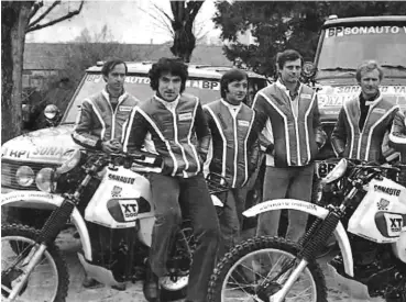  ??  ?? Right: The factory Sonauto Yamaha team line-up for the inaugural Parisdakar Rally, which started in 1978, including Jean-claude Olivier (third right), Christian Rayer, Gilles Comte and Rudy Potisek