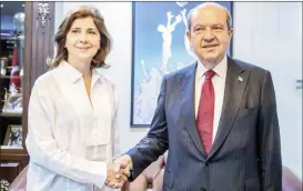  ?? ?? The United Nations Secretary-General's personal envoy for Cyprus Maria Angela Holguin Cuellar meeting President Ersin Tatar on May 13