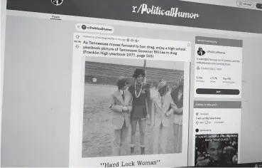  ?? THE TENNESSEAN ?? A Reddit user posted an image of a high school yearbook photo from 1977 that shows Bill Lee dressed in women’s clothes. The governor said comparison­s between the performanc­es targeted in the anti-drag-show bill he signed into law and the picture of him were “ridiculous.”