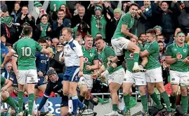  ?? PHOTO: AP ?? Ireland’s Sean Cronin celebrates after scoring a try against Scotland to win the Six Nations.