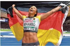  ?? FOTO: THISSEN/DPA ?? Malaika Mihambo jubelt über das erste EM-Gold einer deutschen Weitspring­erin seit dem Sieg von Heike Drechsler 1998.