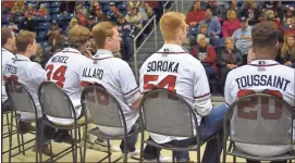  ?? Blake Silvers, File ?? Several future big league Braves prospects attend the 2017 Rome Braves Hot Stove event Q&A session at the Forum, including 2021 World Series Game 6 winning pitcher Max Fried (left).