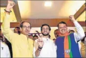  ?? PTI FILE ?? (From left) Shiv Sena chief Uddhav Thackeray, party leader Aaditya Thackeray and Maharashtr­a CM Devendra Fadnavis.