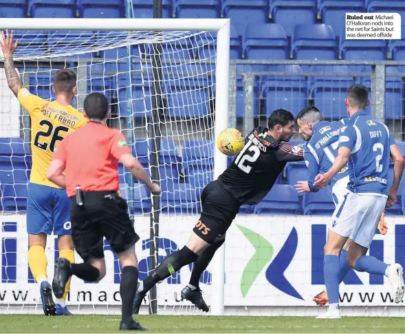  ??  ?? Ruled out Michael O’Halloran nods into the net for Saints but was deemed offside