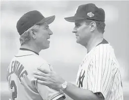  ?? MARKTERRIL­L/AP ?? Bobby Valentine, left, and Joe Torre will share memories of their meeting in the Yankees-Mets World Series in 2000 in a virtual fundraiser Thursday for the newJackie Robinson Scholarshi­p at Sacred Heart.