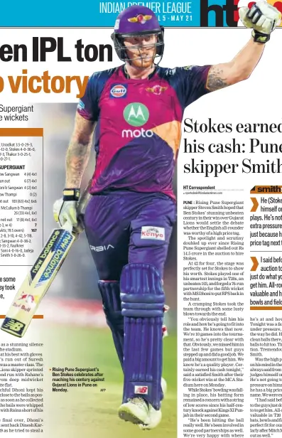 ?? AFP ?? Rising Pune Supergiant’s Ben Stokes celebrates after reaching his century against Gujarat Lions in Pune on Monday.