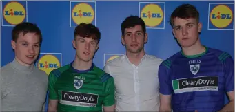  ??  ?? Glynn-Barntown’s James Stafford and Matt Doyle at the tournament launch with Pádraig Óg Ó Sé and Kerry footballer Paul Geaney.