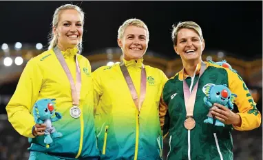  ?? EPA-EFE ?? FOURTH SUCCESS: South Africa’s Sunette Viljoen, (right, bronze) on the podium with Australian­s Kathryn Mitchell (centre, gold) and Kelsey-Lee Roberts (silver). Viljoen has medalled at every Commonweal­th Games since 2006.