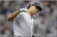  ?? SETH WENIG — THE ASSOCIATED PRESS ?? New York Yankees’ Gary Sanchez reacts after hitting a three-run home run during the fifth inning of the baseball game against the Texas Rangers at Yankee Stadium, Sunday in New York.