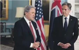  ?? ?? US Secretary of State
Antony Blinken and Foreign Minister Winston
Peters met in Washington DC this month. Peters will this week set out the Government’s position on Aukus.