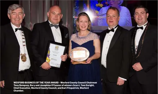  ??  ?? WEXFORD BUSINESS OF THE YEAR AWARD – Wexford County Council Chairman Tony Dempsey, Rory and Josephine O’Connor of winners Scurri, Tom Enright, Chief Executive, Wexford County Council, and Karl Fitzpatric­k, Wexford Chamber.