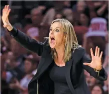  ?? AP PHOTO/GARETT FISBECK ?? Oklahoma women’s basketball coach Jennie Baranczyk reacts during a home game against rival Texas in Big 12 play on Feb. 28.