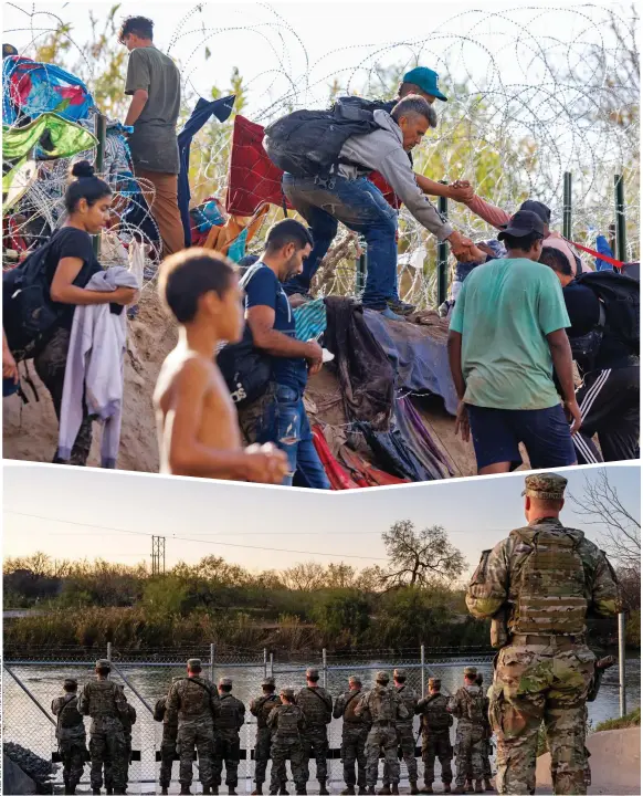  ?? ?? On the lookout: Migrants cross the Rio Grande into Eagle Pass, top, and Texas National Guard soldiers keep watch in Shelby Park